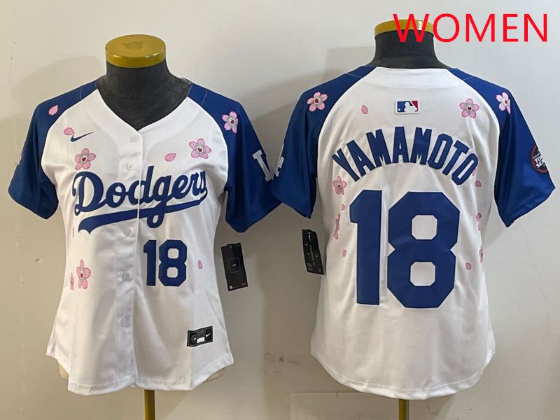 Women Los Angeles Dodgers #18 Yamamoto White Blue Sakura Edition 2025 Nike MLB Jersey style 7->women mlb jersey->Women Jersey